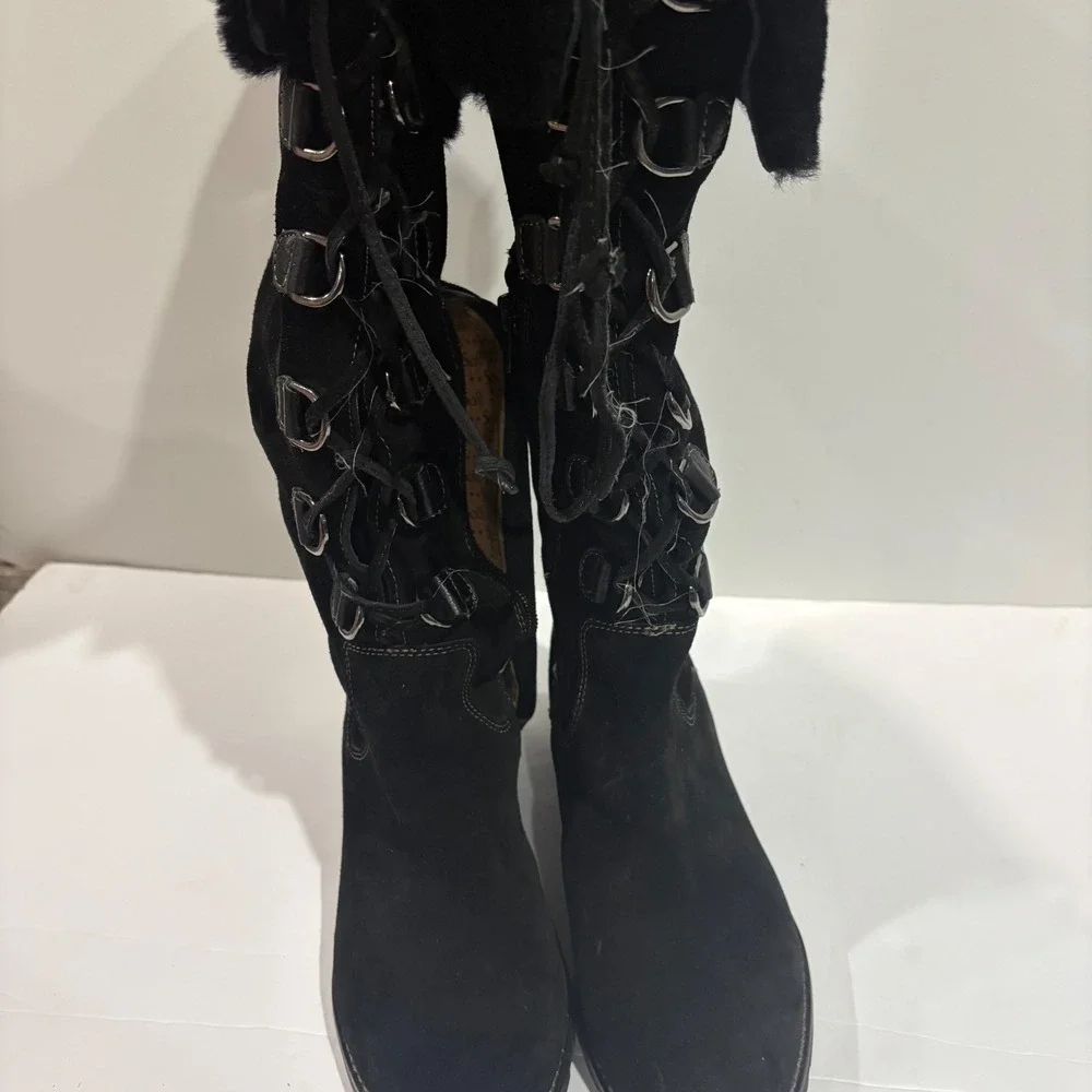 Sofft Black Suede Shearling Fur Trim Lace Up Tall Winter Boots Womens 6M Y2K